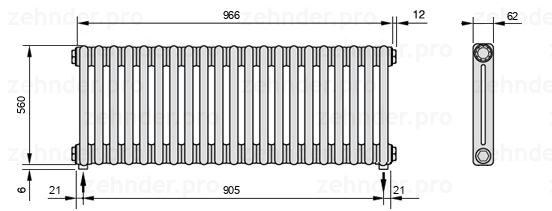 Схема (чертеж) Радиатор Zehnder Charleston 2056/21 №5310 Белый глянцевый RAL 9016